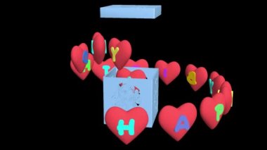 Mutlu yıllar, 3 boyutlu animasyon. Doğum günü için harika bir hediye. Tatil kutunuz ve kalpleriniz için tebrikler. Şeffaf arka plan. Alfa kanalı dahil.