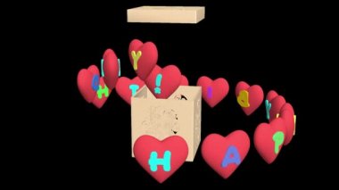 Mutlu yıllar, 3 boyutlu animasyon. Doğum günü için harika bir hediye. Tatil kutunuz ve kalpleriniz için tebrikler. Şeffaf arka plan. Alfa kanalı dahil.