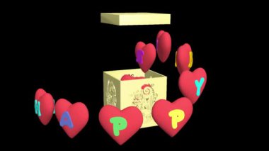 Mutlu yıllar, 3 boyutlu animasyon. Doğum günü için harika bir hediye. Tatil kutunuz ve kalpleriniz için tebrikler. Şeffaf arka plan. Alfa kanalı dahil.