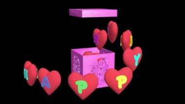 Mutlu yıllar, 3 boyutlu animasyon. Doğum günü için harika bir hediye. Tatil kutunuz ve kalpleriniz için tebrikler. Şeffaf arka plan. Alfa kanalı dahil.