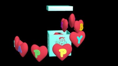 Mutlu yıllar, 3 boyutlu animasyon. Doğum günü için harika bir hediye. Tatil kutunuz ve kalpleriniz için tebrikler. Şeffaf arka plan. Alfa kanalı dahil.