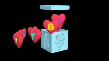 Mutlu yıllar, 3 boyutlu animasyon. Doğum günü için harika bir hediye. Tatil kutunuz ve kalpleriniz için tebrikler. Şeffaf arka plan. Alfa kanalı dahil.