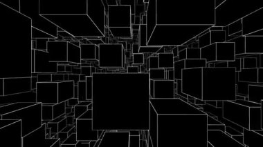 Dönen bir animasyon kübik sonsuz üç boyutlu tünelde uçmak. Küpler tünelin içine giriyor. Harika bir uçuştu. Döngü. Şeffaf arka plan. Alfa kanalı dahil.