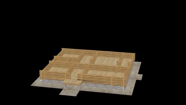 木造住宅建設の回転 構造物を作る 家を建てるプロセスを示すタイムラプス3Dアニメーション 透明な背景に家のアニメーションが組み立てられています アルファチャンネル付属 フルHd ループ状 — ストック動画