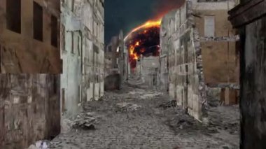 Kıyametten sonra harabe şehir caddesinde süper gerçekçi bir yürüyüş. 3 Boyutlu Canlandırma. 