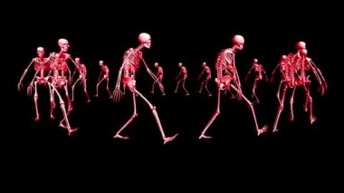 İskelet daireler çiziyor. Animasyon görüntüleri. İskeletlerin 3 boyutlu animasyonu.