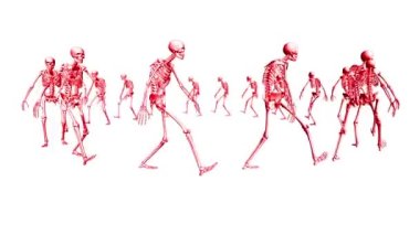 İskelet daireler çiziyor. Animasyon görüntüleri. İskeletlerin 3 boyutlu animasyonu.
