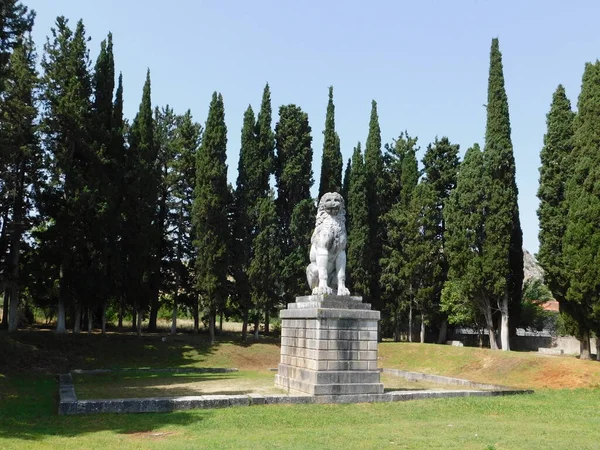 Enorme León Chareonea Monumento Los Caídos Tebanos Batalla Del 338 Fotos de stock