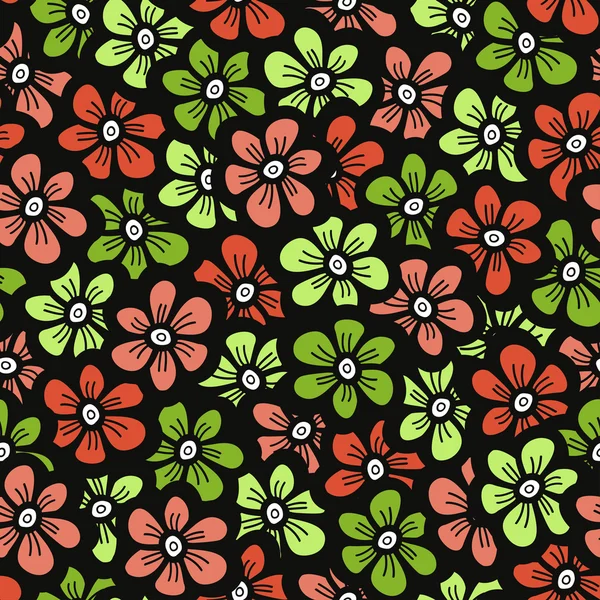 緑とオレンジの花のパターンを落書き。かわいい花のシームレスな背景。春の壁紙。ベクトル図. — ストックベクタ