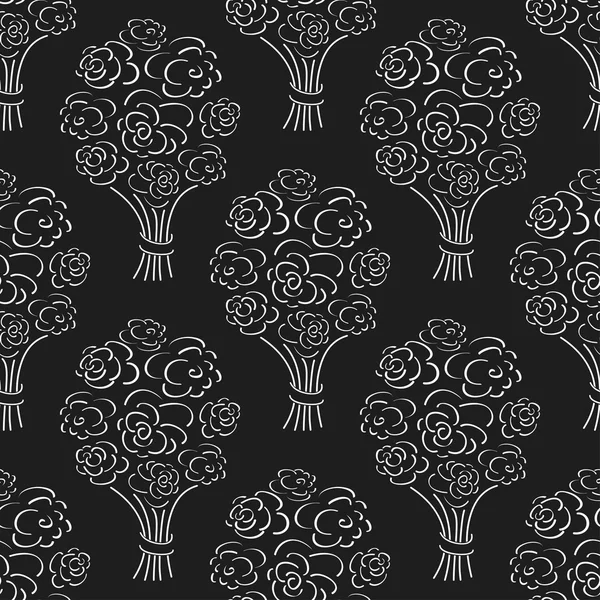 Rose bouquet seamless pattern. Hand drawn outline black background. Flower sketch wallpaper. Vector illustration. — Stock Vector