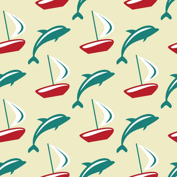 Boat and dolphin seamless pattern. Simple marine background. Vector illusttration.