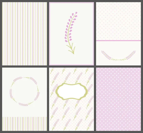Verzameling van cute lavendel kaarten. Sjablonen van shabby chique ansichtkaarten voor groet. Vectorillustratie. — Stockvector