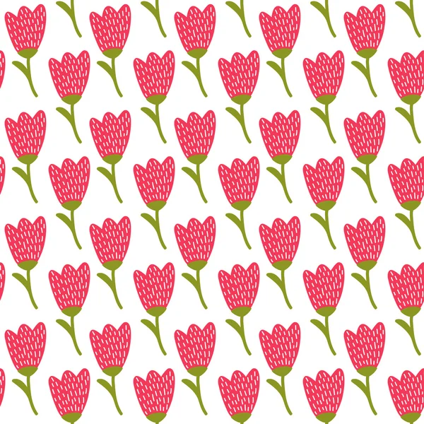 簡単な落書き赤チューリップ パターン。かわいい花のシームレスな背景。夏の壁紙。ベクトル図. — ストックベクタ