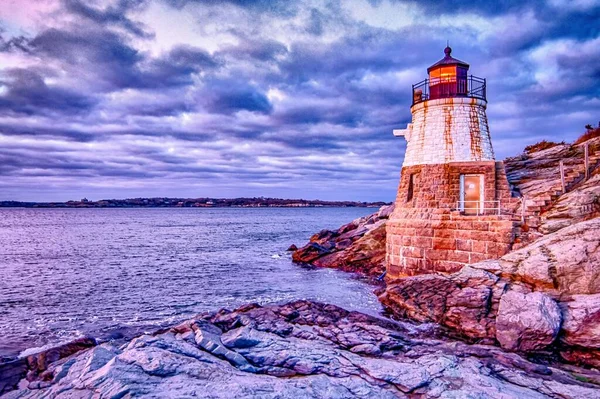 Pôr Sol Castle Hill Lighthous Newport Rhode Island — Fotografia de Stock