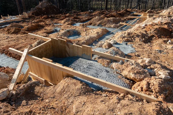 Pouring Concrete Footing Foundation New House — Stock Photo, Image