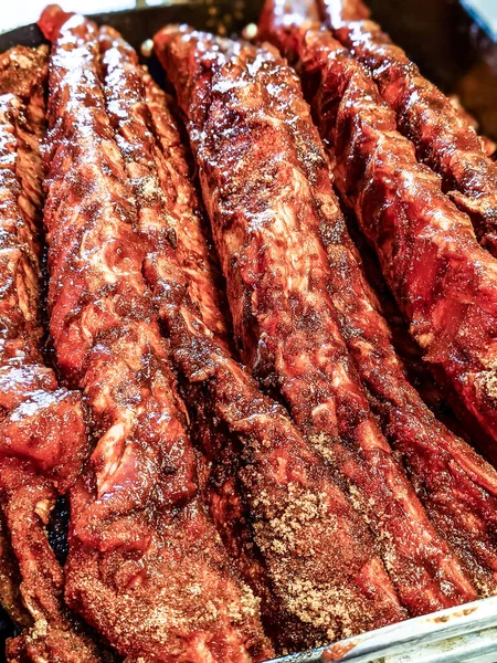 Raw Seasoned Bbq Ribs Ready Cooking — Fotografia de Stock