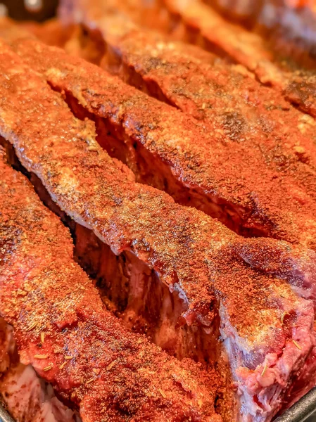 Raw Seasoned Bbq Ribs Ready Cooking — Fotografia de Stock