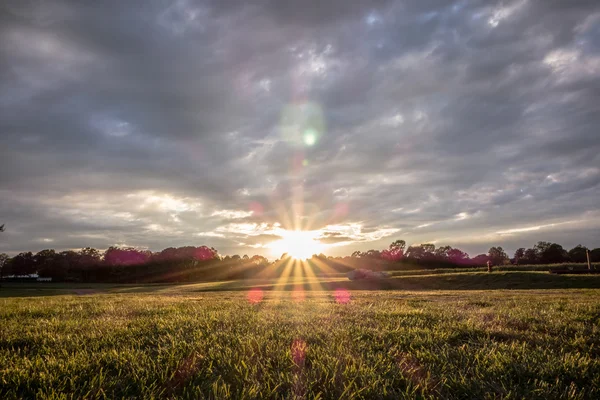 Pôr do sol sobre campo de fazenda verde — Fotografia de Stock