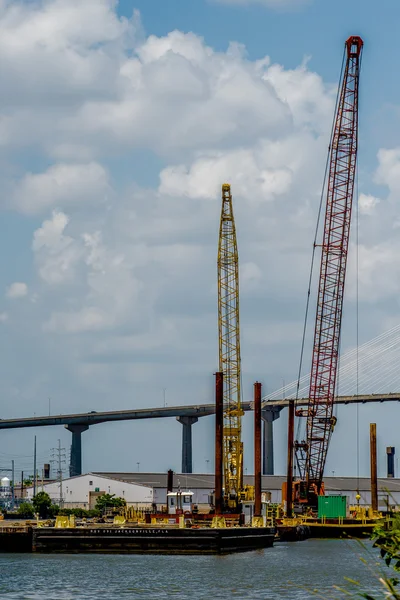 Construction boats on the river — Stock Photo, Image