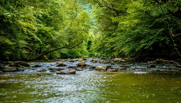 Amplio flujo de agua del río a través de montañas de cresta azul — Foto de Stock