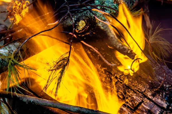 Tábortűz lángok égő éjszaka után kirándulás — Stock Fotó