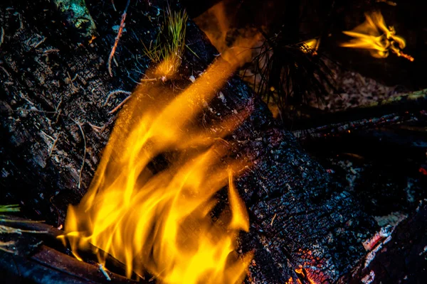 Flammes de feu de camp brûlant la nuit après la randonnée — Photo