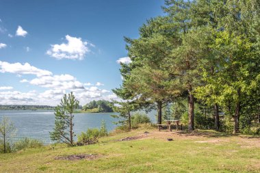 Ormandaki göl manzarası. Ormandaki ahşap bir masa, piknik masası olan bir göl. Güneşli bir günde.