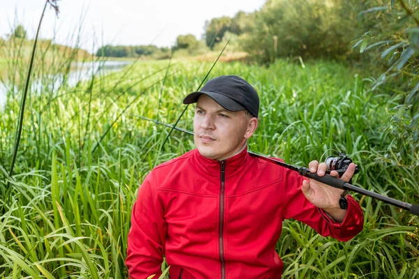 Portrait Fisherman Spinning Guy Fishing Rod Outdoors — Stock Photo, Image