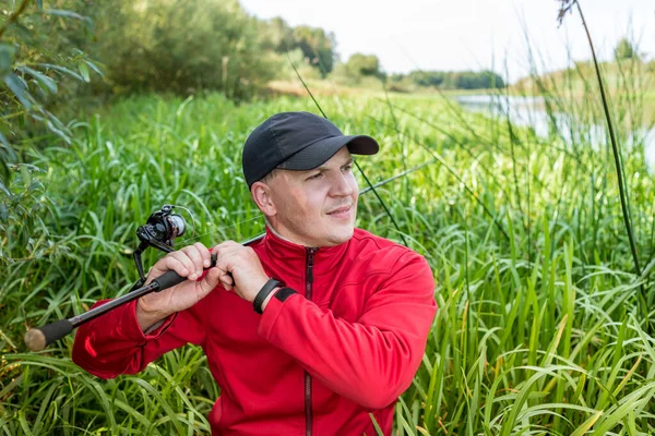 Portrait Fisherman Spinning Guy Fishing Rod Outdoors — Stock Photo, Image