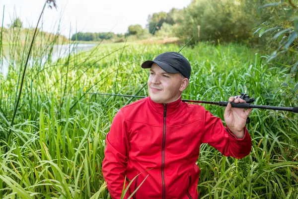 Portrait Young Fisherman Thicket Reeds Spinning Rod — Stock Photo, Image