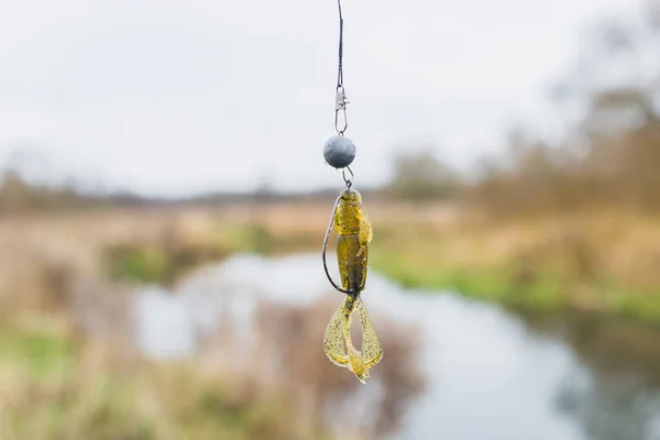 Khakki Silicone Lure Fishing Silicone Bait Fishing Hanging Hook Background — Stock Photo, Image