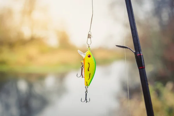 Wobbler yellow and green for fishing on the background of the river. Tackle for fishing. Fishing wobbler. Hobie fishing in nature