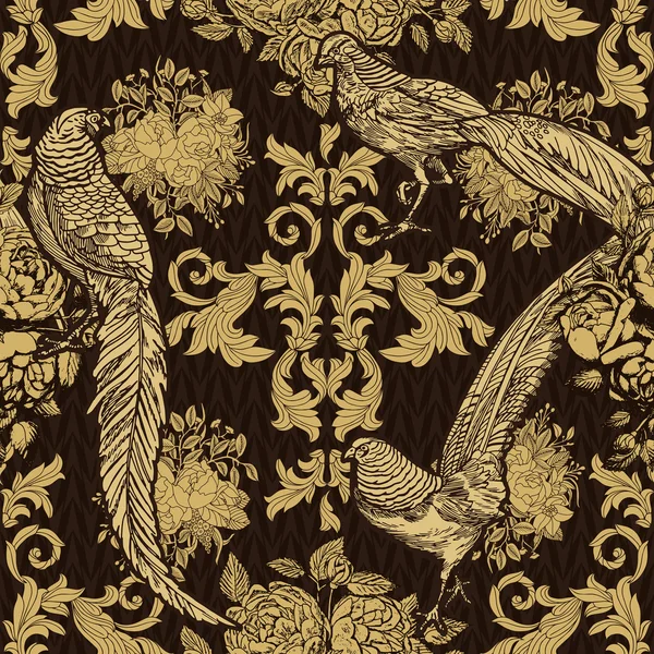 Vintage, antique style background, fashion seamless pattern with birds, pheasants on gold ornamental wallpaper — Stok Vektör