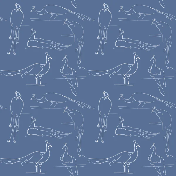 Sketch Style Vintage sfondo con pavoni, tessuto senza cuciture moda con motivo uccelli — Vettoriale Stock