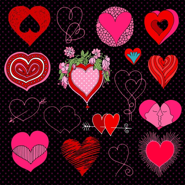 Día de San Valentín en estilo pizarra, rojo, blanco y rosa hermosos corazones dibujados, símbolos de amor — Vector de stock