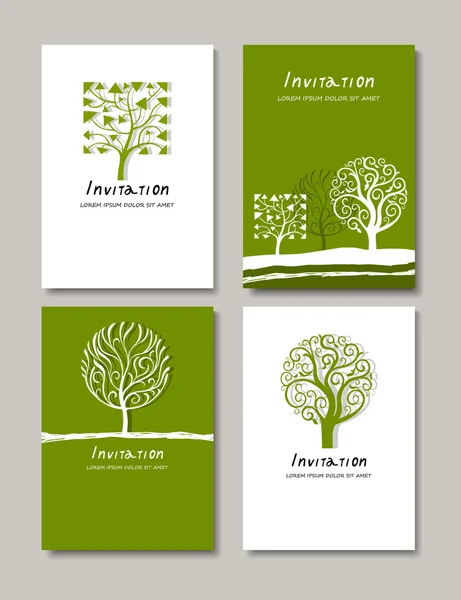 Trees Emblems and Logos Design, creative invitation and greeting cards set, artistic ornamental decorations, summer and spring style — Stok Vektör