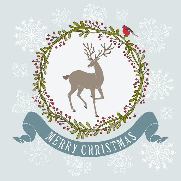 Christmas and New Year festive background, xmas greeting card with deer and wreath — Stock Vector