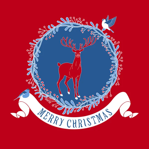 Vánoční a novoroční sváteční pozadí, vánoční přání s jeleny a věnec — Stockový vektor