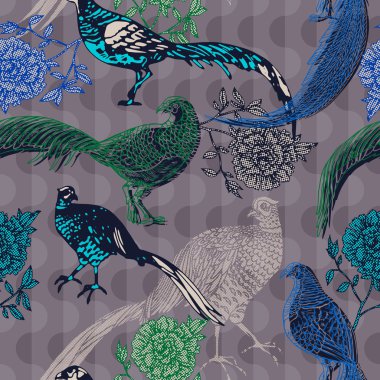 Vintage background with birds and flowers, fashion seamless pattern with floral plant and pheasants clipart