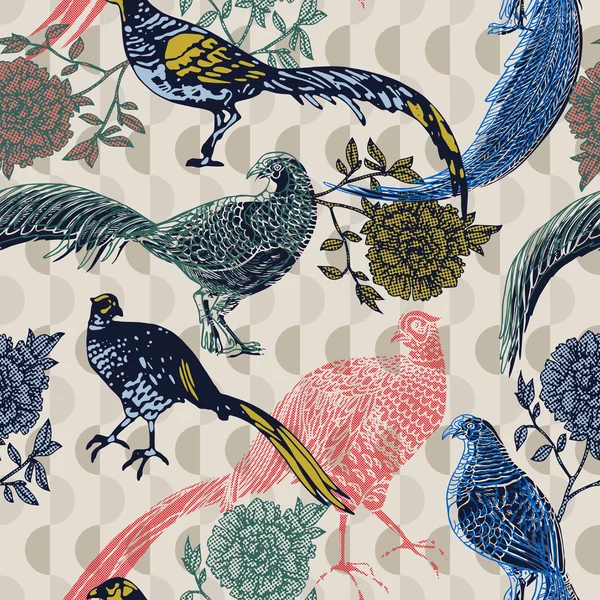 Vintage background with birds and flowers, fashion seamless pattern with floral plant and pheasants — Stok Vektör