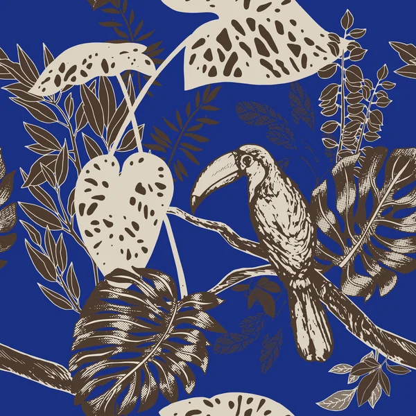 Vintage style tropical birds background, fashion seamless pattern with floral plant and exotic bird — Διανυσματικό Αρχείο