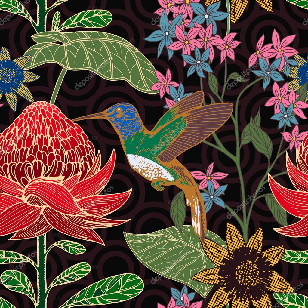 Vintage Style Tropical Bird And Flowers Background