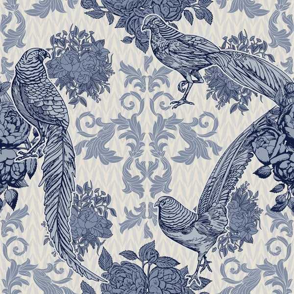 Vintage, antique style background, fashion seamless pattern with birds, pheasants on blue ornamental wallpaper, creative fabric, wrapping paper with graphic and floral ornaments, summer and spring theme for design — 图库矢量图片