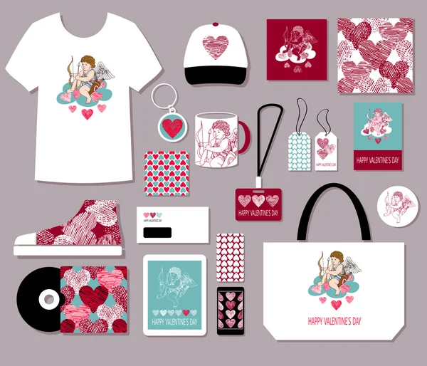 Día de San Valentín, Estilo de amor creativo, Cute Cupido en el conjunto de negocios con corazones, Plantillas de identidad corporativa, conjunto de ropa y publicación para el diseño creativo — Vector de stock