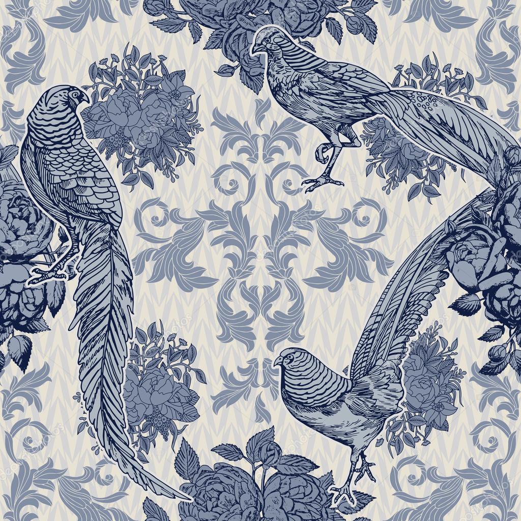 Vintage, antique style background, fashion seamless pattern with birds, pheasants on blue ornamental wallpaper, creative fabric, wrapping paper with graphic and floral ornaments, summer and spring theme for design Stock Vector Image Vintage, antique style background, fashion seamless pattern with birds, pheasants on blue ornamental wallpaper, creative fabric, wrapping paper with graphic and floral ornaments, summer and spring theme for design Stock Vector Image