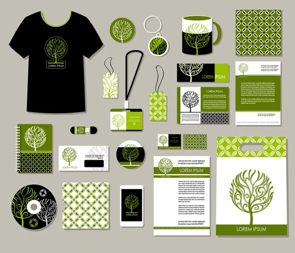 Tree logo, Corporate identity templates design, eco business set, decorative company style layouts: card, t-shirt, mug, bag, disk, phone, package, label, envelope, tablet PC, invitation, greeting card, poster, icon, mockup Business stationery — Stok Vektör