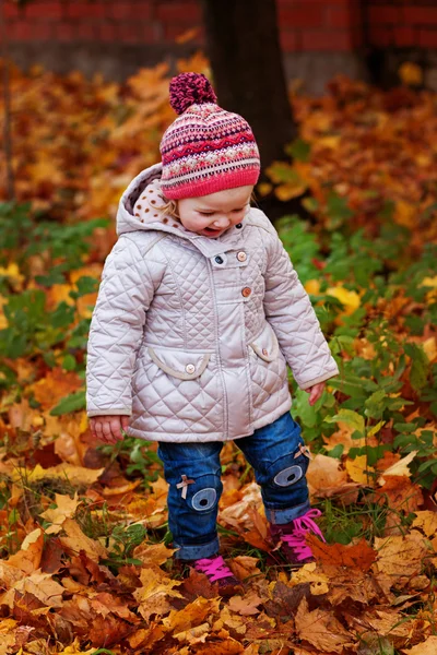 Őszi levelek kis lány játék — Stock Fotó