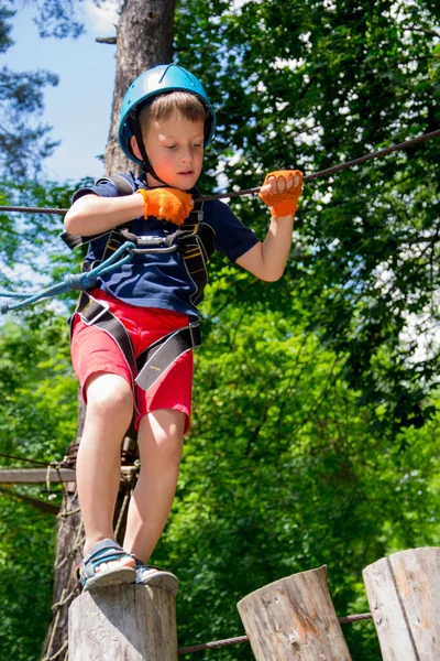 Pětiletý chlapec na lano cesta v lese — Stock fotografie