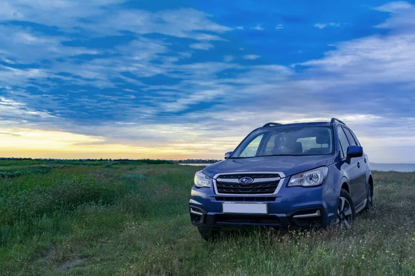 Subaru Forester Květinovém Poli Při Východu Slunce Jezera — Stock fotografie