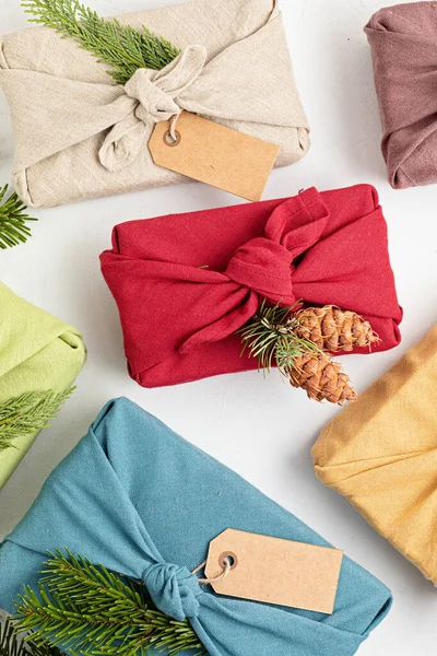 Regalos Furoshiki Ecológico Alternativa Verde Navidad Presenta Envuelto Ropa Tradición — Foto de Stock